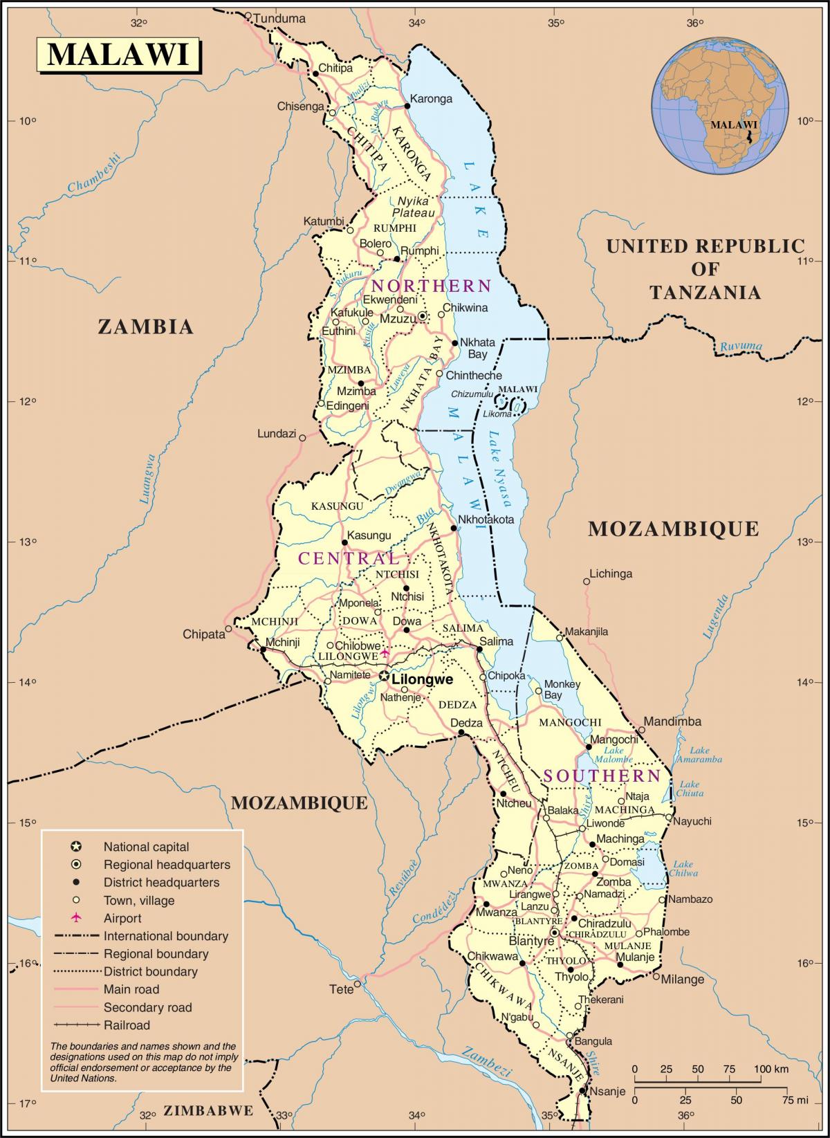 карта Малави с изображением дорог