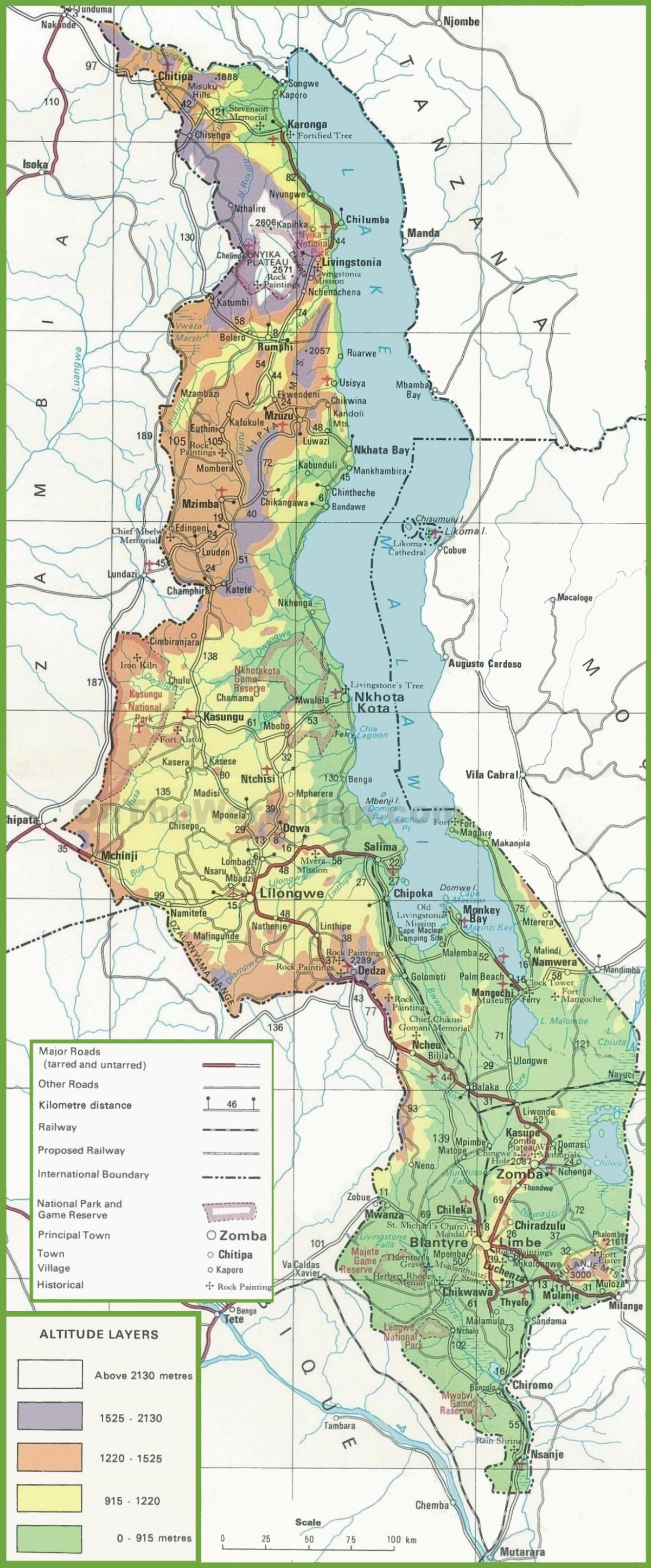 карта физическая карта Малави